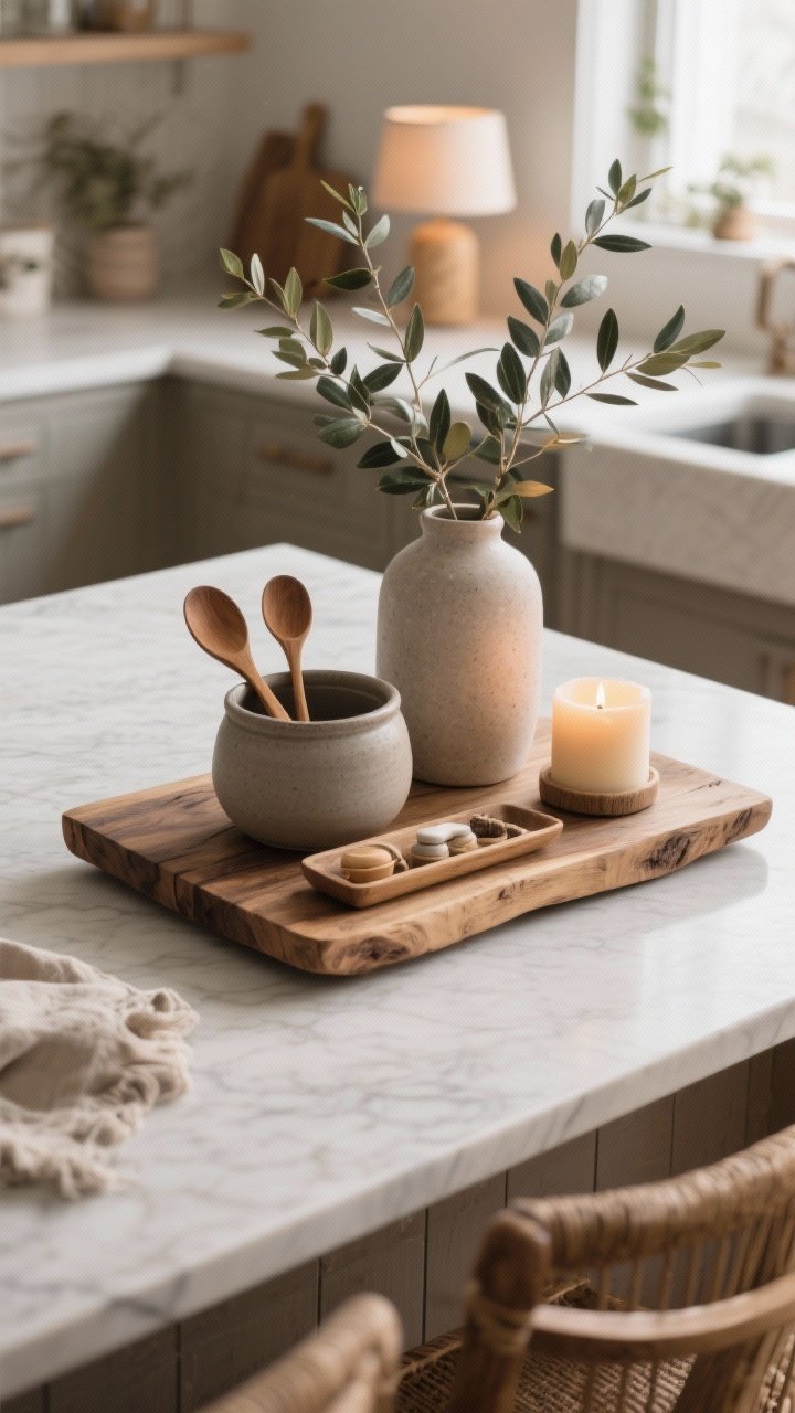 Photorealistic overhead detail shot of pro styling on the island: a chunky wooden tray or board corralling items; matte stoneware crock with wooden spoons; a simple vase with eucalyptus or olive branches adding height; a warm candle or a petite table lamp for coziness. Curated but casual arrangement, natural textures, soft ambient light.
