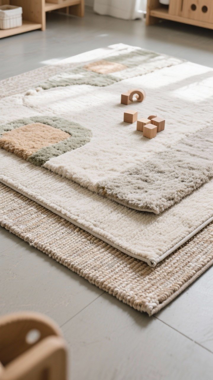 Photorealistic overhead detail shot of soft rug layering: a generous washable rug covering the main play area layered on top of a flatweave base, both on a hard floor. A visible rug pad edge peeking to suggest grip and cushioning. A few wooden blocks or simple toys placed to imply comfortable play. Natural daylight, textures emphasized for plushness and sound-dampening.