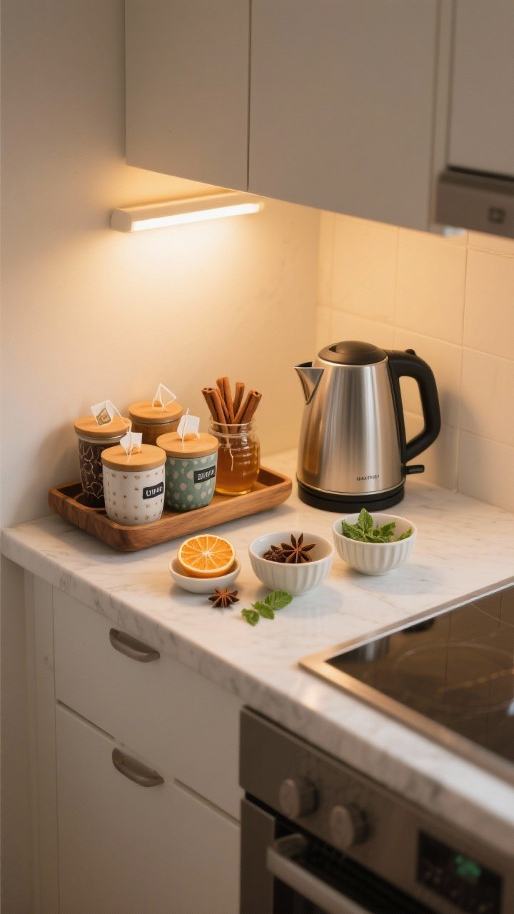 Photorealistic overhead shot of a small warm-drink station on a kitchen counter: a wooden tray with labeled canisters holding tea bags, cinnamon sticks, cocoa, and honey; two to four pretty ceramic mugs displayed; a sleek electric kettle; small bowls with seasonal add-ins like dried orange slices, star anise, and peppermint. Warm under-cabinet lamp glow for ambiance, clean and organized, café-at-home vibe, no people.