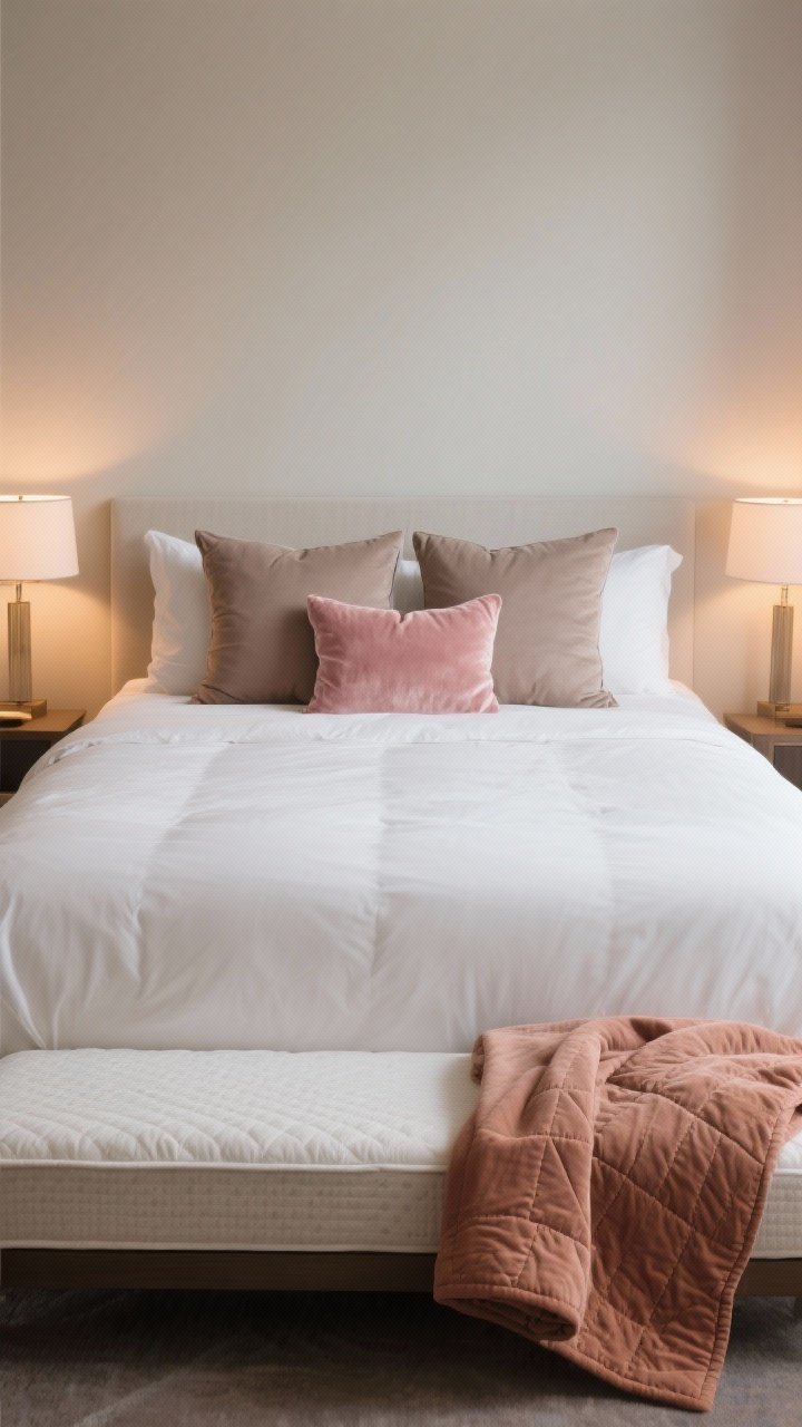 Photorealistic straight-on medium shot of a bed styled like a boutique hotel: 100% cotton percale white sheets with a subtle matte finish, a lofty duvet with a fuller insert, a supportive mattress topper for height, pillow arrangement of 2 sleeping pillows, 2 Euro shams in soft taupe, and 1–2 accent pillows in blush velvet; a folded quilt in muted clay draped across the foot of the bed; warm, cozy lighting from bedside lamps, crisp yet inviting textures.