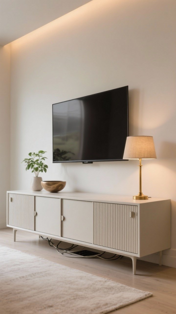 Photorealistic straight-on medium shot of a low-profile media console wider than the wall-mounted TV above it; console with clean lines, sliding doors, fluted front detail, minimal hardware, cord cutouts and ventilation visible; 6–8 inches of clearance underneath for an airy look; very light styling on top: one brass lamp, a small plant, and a single sculptural bowl; warm ambient lighting