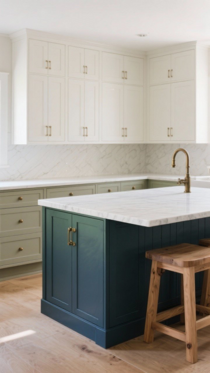 Photorealistic straight-on medium shot of a two-tone palette: island painted deep green or charcoal with matte finish, perimeter cabinets in warm white. Alternatively, show natural oak island with soft greige perimeter, or an ink blue island with aged brass hardware. Maintain a cohesive white quartz countertop across both island and perimeter for unity. Soft daylight, calm and custom look.