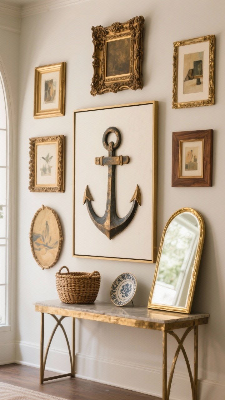 Photorealistic straight-on medium shot of an art wall: a gallery wall centered on one large anchor abstract at eye level, surrounded by mixed brass, wood, and painted frames, one ornate vintage frame for drama, an unexpected woven basket and a decorative plate incorporated; an arched gilded mirror leaning casually on a console below to bounce warm light, art carried higher than standard to emphasize verticality
