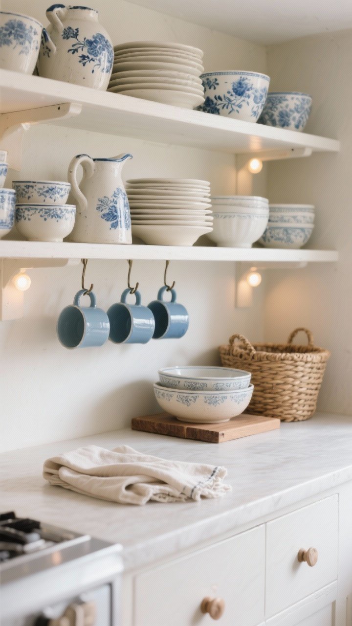 Photorealistic straight-on medium shot of open kitchen shelves styled with curated crockery: ironstone pitchers, white and cream plates stacked in tidy piles, blue transferware as the single accent color; mugs hanging on small hooks under a shelf, bowls nested; woven baskets and a wooden riser add natural texture; a folded linen napkin draped casually; install tiny LED puck lights under the shelves casting a cozy, even glow; keep the composition cohesive and uncluttered with a white/cream/blue palette.