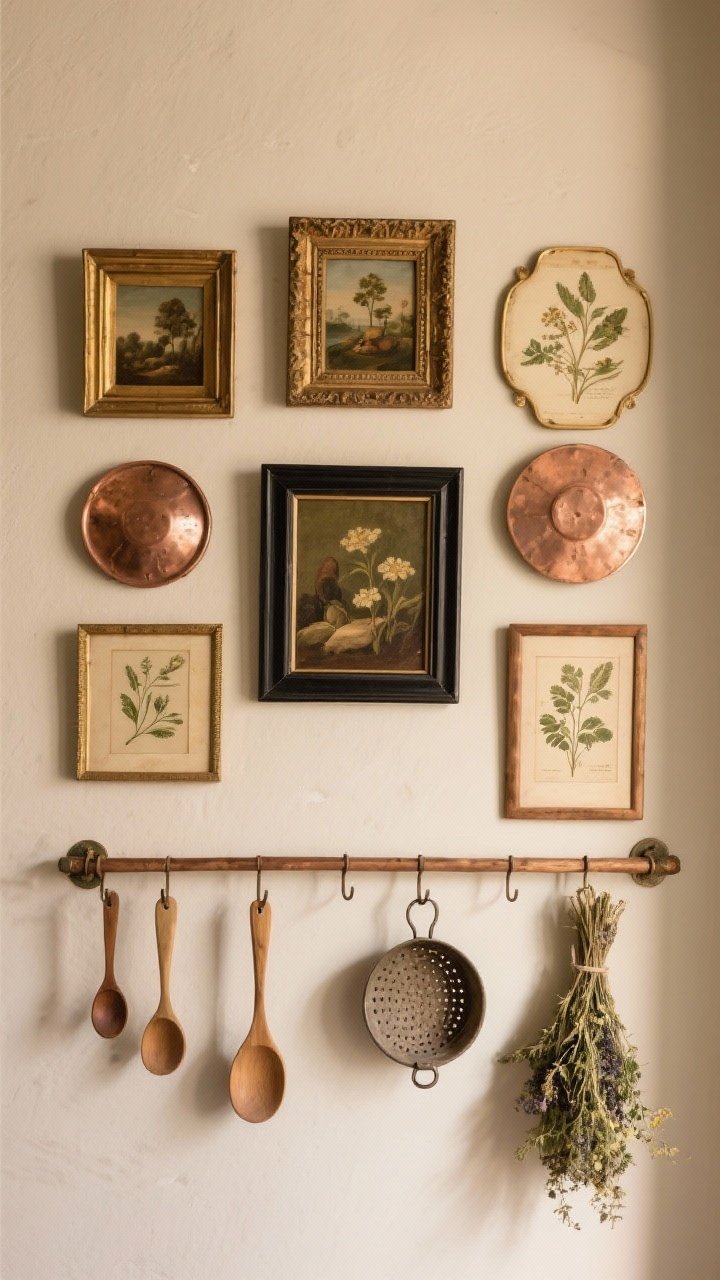 Photorealistic straight-on wall vignette featuring antique art and collected decor: a gallery mix of small vintage oil paintings and botanical prints in gold, wood, and black frames, interspersed with round copper molds; a peg rail below with hanging wooden spoons, a small sieve, and a bundle of dried herbs; tonal cohesion across frames, gentle patina on copper; warm, indirect light to emphasize texture without glare; composition balanced but not cluttered.