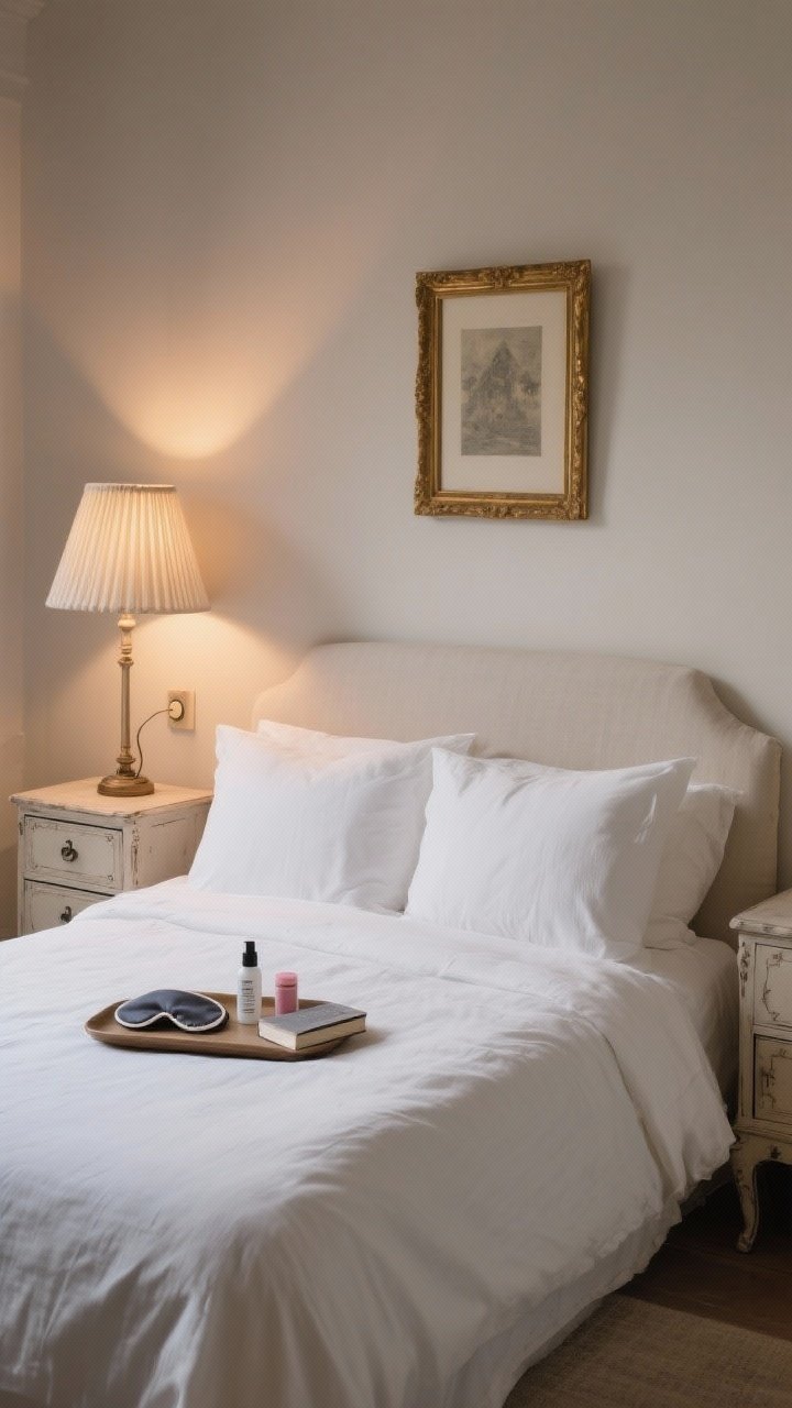 Photorealistic wide bedroom view that feels breathable: linen or percale sheets in soft white on a neatly made bed, antique petite nightstands with drawers on each side, a pleated shade lamp with a dimmer casting low warm light, a small ritual tray with eye mask, lip balm, magnesium spray, and a single book, art grounded by a gilded frame over the bed; soothing neutrals, uncluttered surfaces, evening glow, shot straight-on.