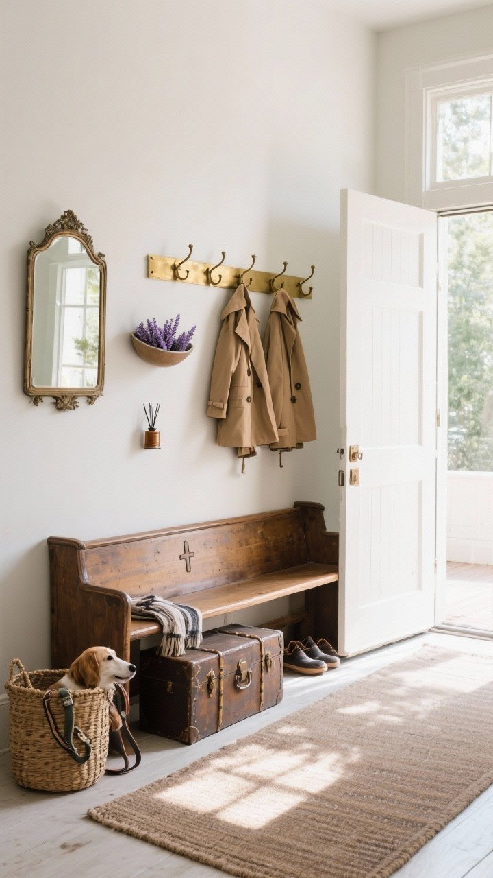 Photorealistic wide entryway scene designed for slow-down storage: an antique bench/church pew with space to sit and remove shoes, a woven basket and a vintage trunk for scarves and dog leashes, brass wall hooks lined with a couple of neatly hung coats, a shallow dish holding lavender sachets next to a small diffuser emitting cedar scent, a vintage mirror for a quick check, and a washable runner on the floor; bright natural light with gentle shadows, welcoming mood, straight-on shot.