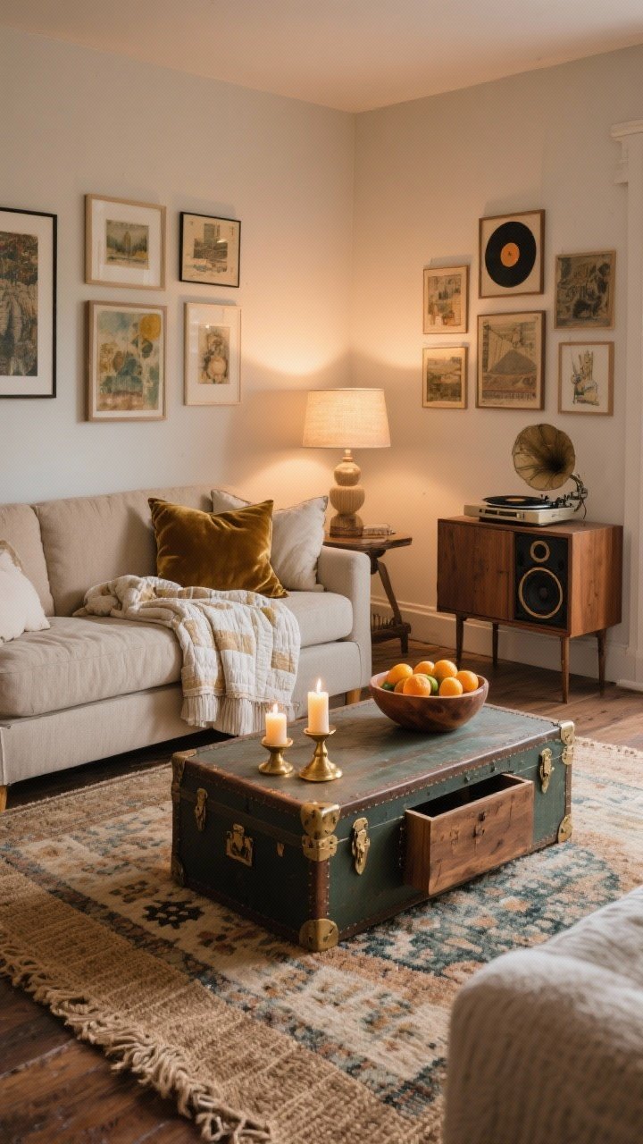 Photorealistic wide living room sanctuary: warm neutral palette, layered rugs (jute base with a faded patterned rug), velvet pillows and a folded quilt on a comfortable sofa, beeswax candles in brass holders on a thrifted trunk coffee table with hidden storage, a gallery wall of flea-market art, a vintage-inspired speaker/record player on a side console, and a wooden bowl of fresh citrus; soft lamp glow, cozy evening ambiance, corner angle to capture depth.