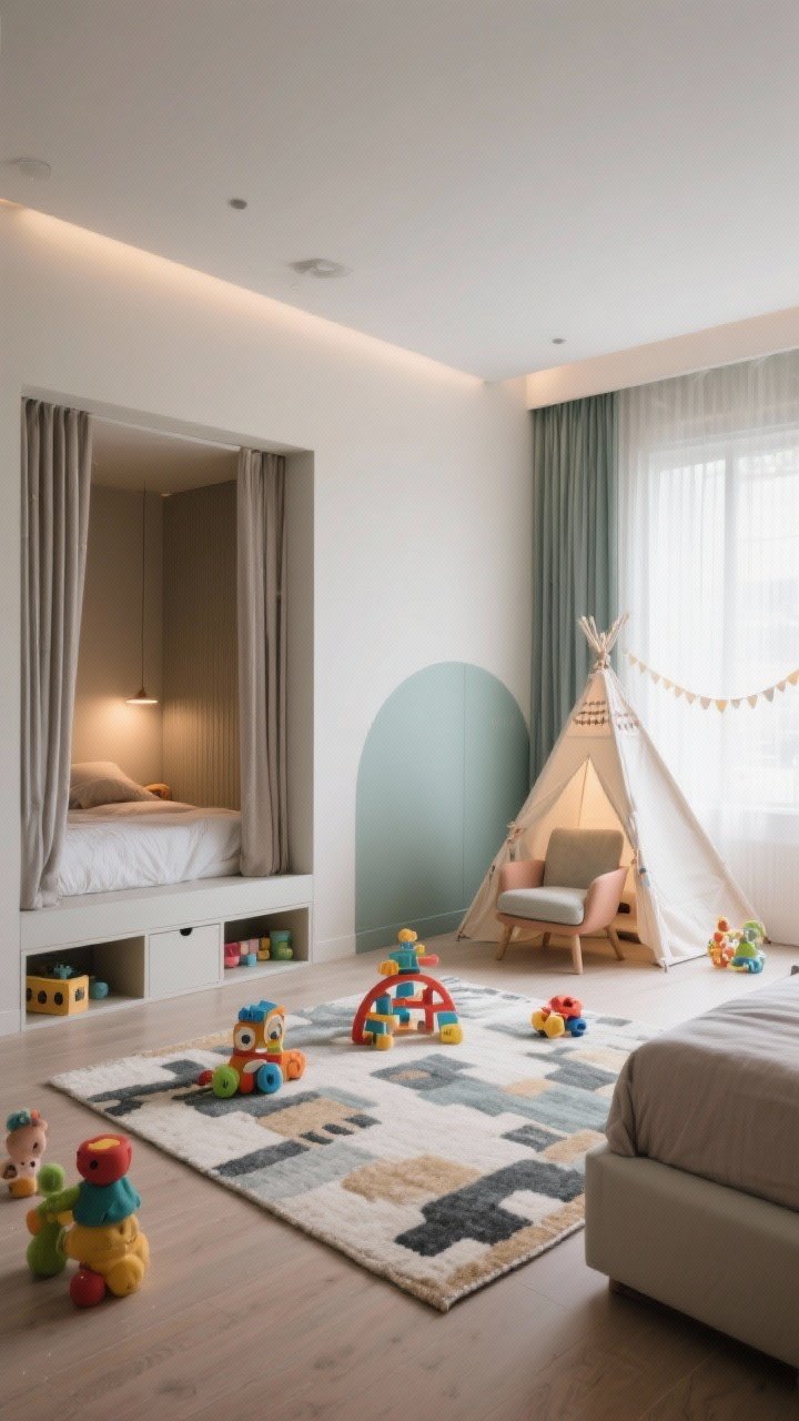 Photorealistic wide room shot clearly zoned for sleep, play, and calm: left side shows a bed nook with dimmable light and blackout curtains; center play zone with a large rug, low open storage, and open floor space; right calm zone featuring a small tent or reading chair with soft lighting. Colors near the bed kept quieter, brighter toys positioned away from sleep area. Balanced composition from a corner angle to reveal all zones cohesively.