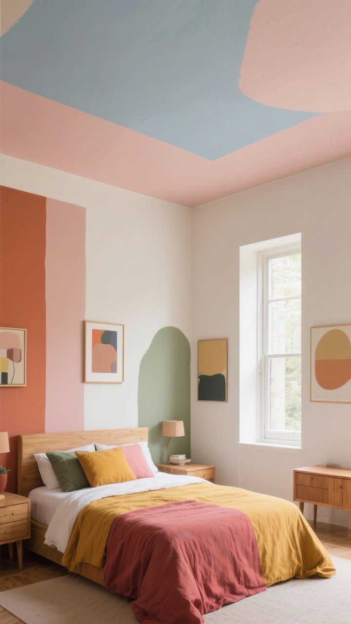 Photorealistic wide room shot showcasing warm, calming colors: walls in warm white or oat with accents in terracotta, dusty rose, sage, and muted mustard. Calm walls with colorful bedding and art as accents. A pale painted ceiling (soft sky blue or blush) creating a canopy effect. Natural light, minimal clutter, wood furniture, and a serene, cozy vibe. Straight-on perspective to show cohesive palette.