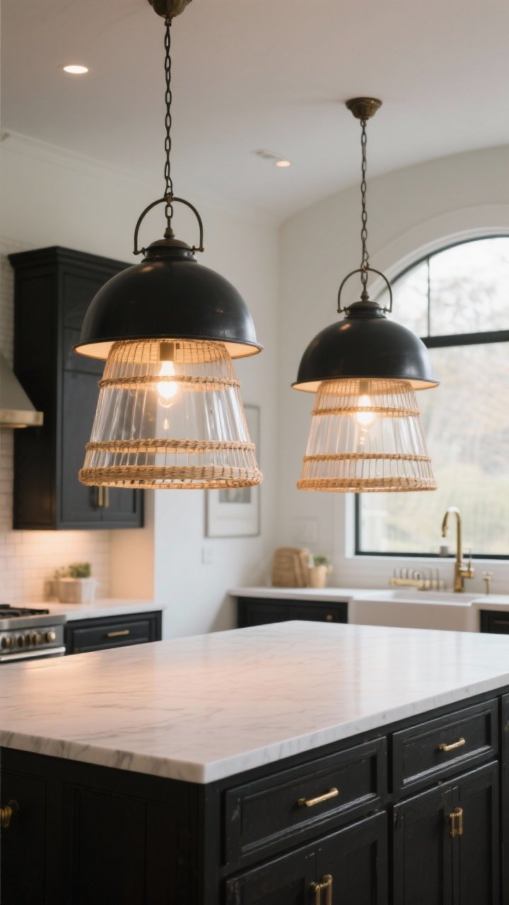 Photorealistic wide shot focusing on island lighting: two oversized but airy pendants hung 30–36 inches above the countertop. Choose clear glass bell pendants or woven rattan drums or black metal domes with a soft sheen; keep lines clean to avoid blocking views. Include dimmer-controlled warm glow, open-concept backdrop, modern farmhouse finishes in black, aged brass, or iron.