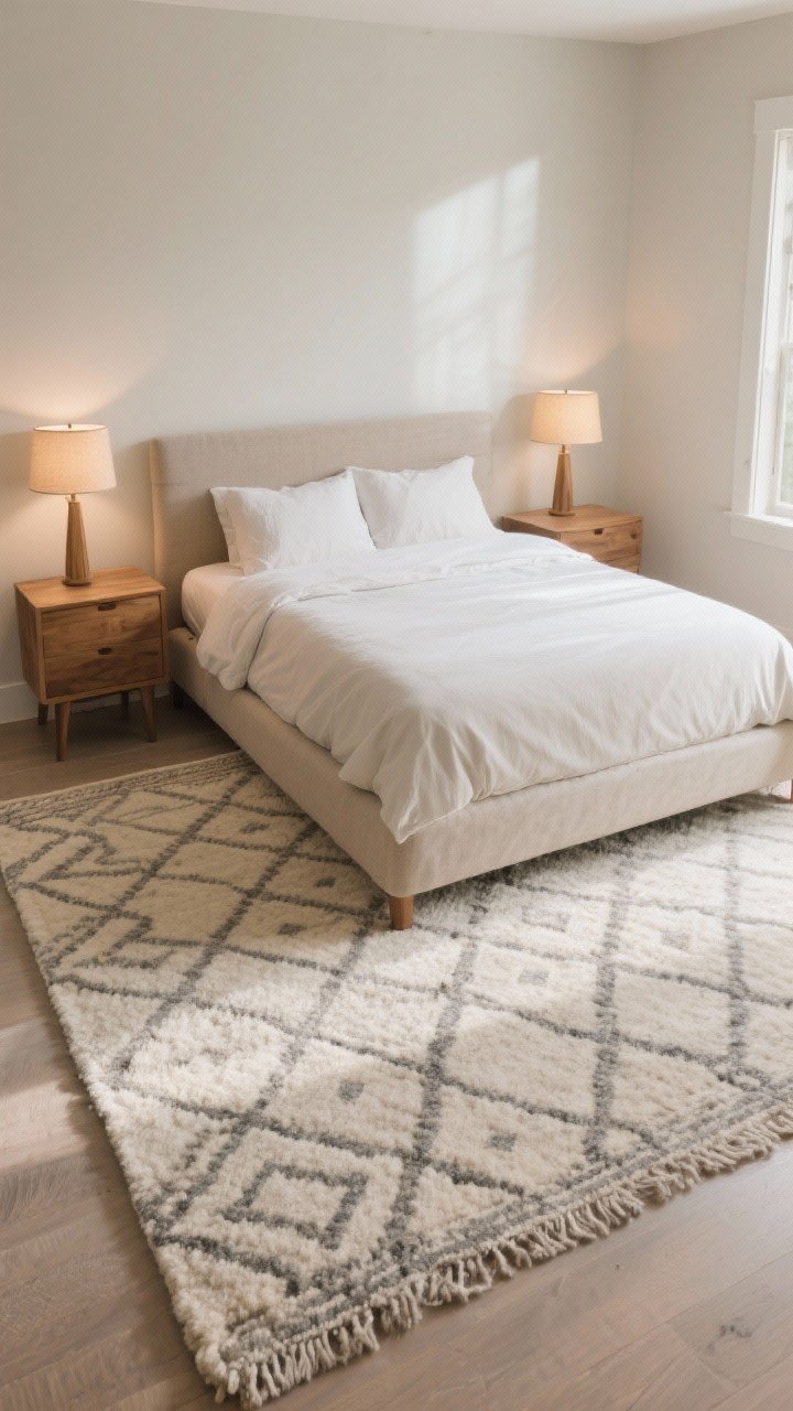 Photorealistic wide shot of a bedroom anchored by an area rug: an 8x10 patterned wool rug under a queen bed with the front two-thirds of the bed on the rug, simple neutral bedding to let the rug’s subtle geometric pattern shine; a visible rug pad edge hinting at plushness, high-pile texture near the foot for cozy feel; natural wood nightstands and warm bedside lamps; soft morning light highlighting rug fibers, clean lines, and balanced composition.