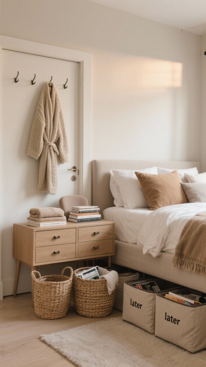 Photorealistic wide shot of a calm, clutter-free bedroom emphasizing attractive storage: matching nightstands with drawers closed, a woven basket by the bed holding folded throws, a second basket for books and magazines, and a third labeled “later” tucked neatly by a dresser. Slim fabric under-bed storage bins are partially visible beneath the frame. Back-of-door hooks hold a robe and a chunky knit sweater—no chair pile. The scene feels peaceful and orderly, with warm neutral colors and soft, indirect lighting.