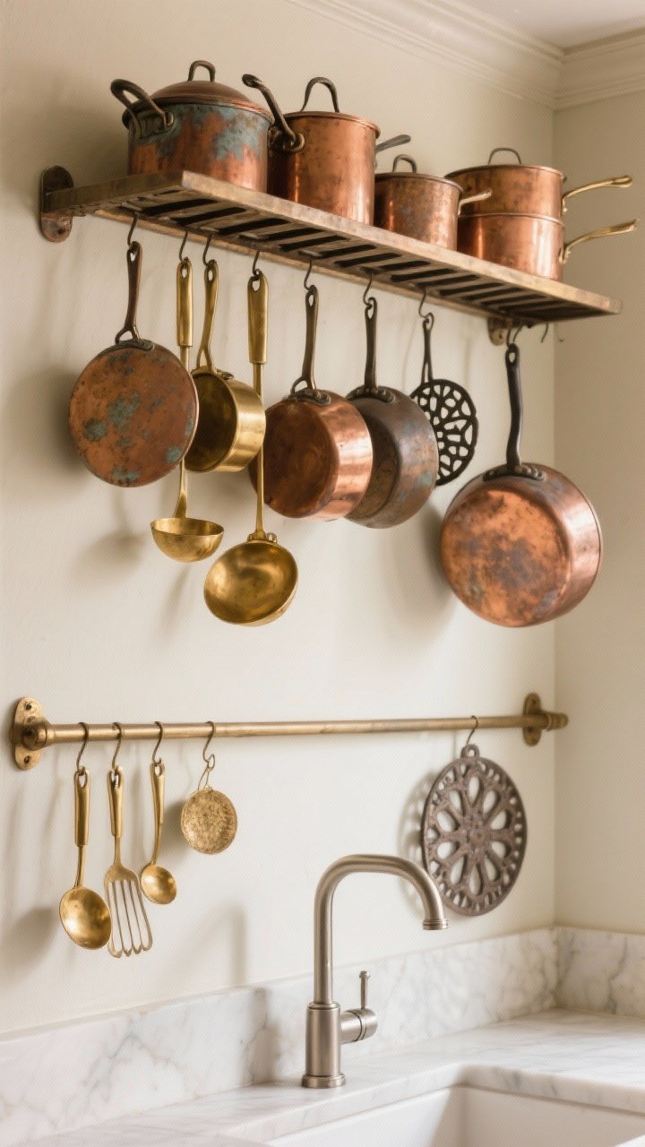 Photorealistic wide shot of a classic kitchen wall with a ceiling-mounted pot rack displaying a curated mix of aged copper pots, brass ladles, and a few iron trivets; include a wall-mounted rail beneath with additional brass tools; subtle mix of metals with brushed nickel faucet in the background to show layered finishes; allow the copper to show natural patina with selective polish for a soft glow; warm light bouncing off metals to brighten a small-space feel; neutral backdrop so the metals stand out.