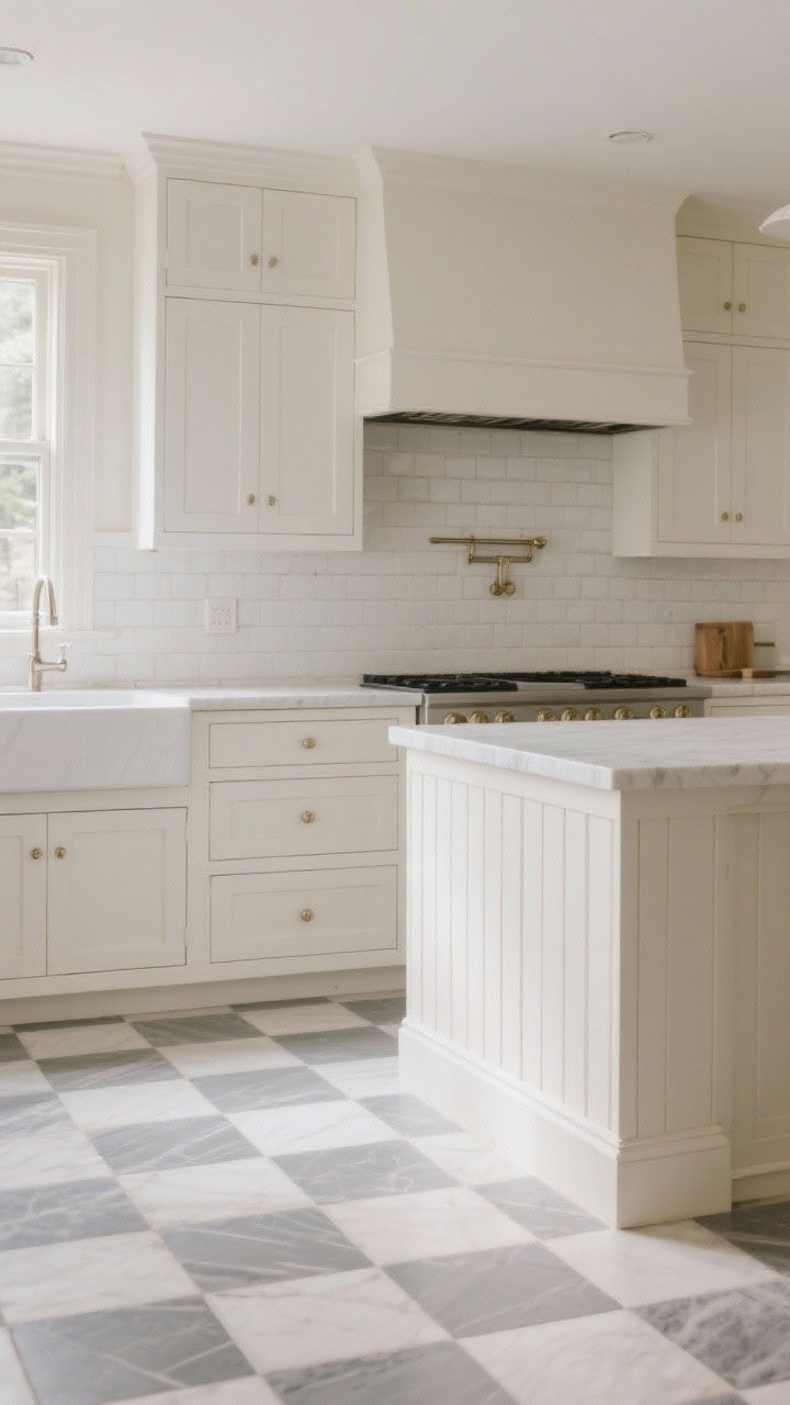 Photorealistic wide shot of a classic-patterned kitchen: checkerboard floor in gray and ivory for soft contrast, true white subway tile backsplash with slightly warm grout for aged authenticity, and beadboard on the island front for texture; restrained palette to keep patterns consistent in tone and scale; gentle daylight to reveal grout lines and beadboard shadows; overall look layered and comforting, not loud.