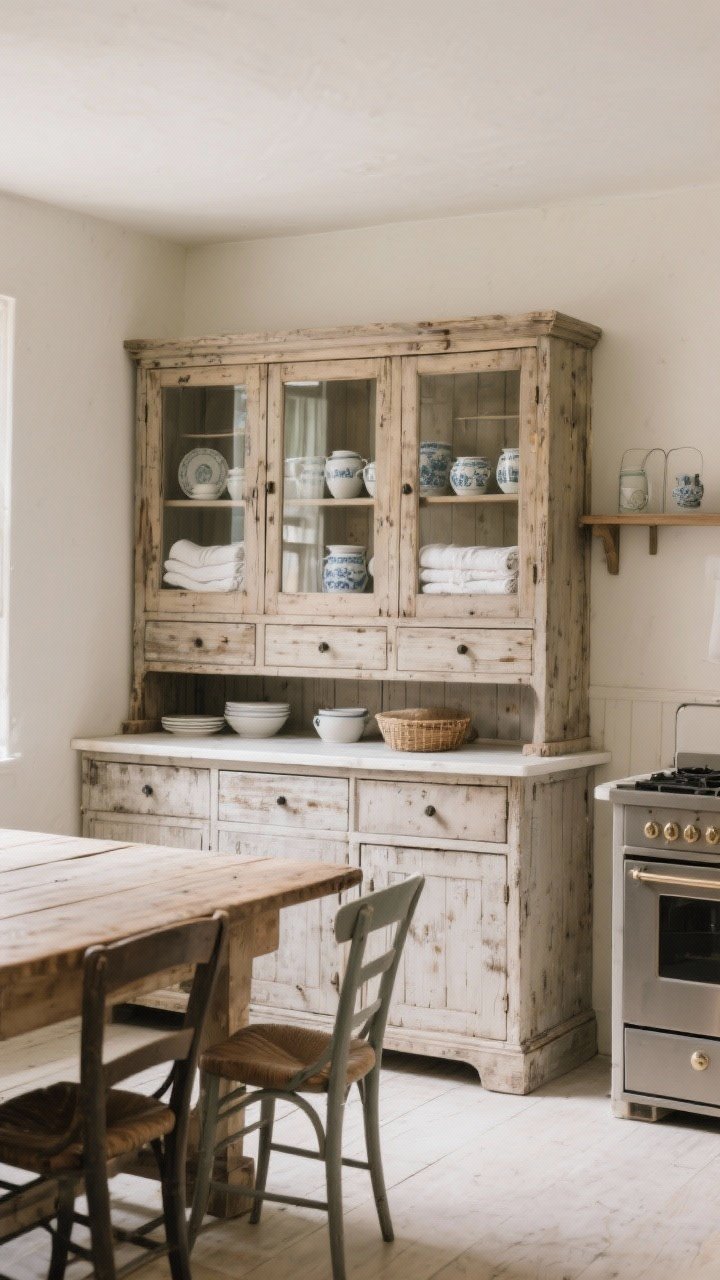 Photorealistic wide shot of a kitchen anchored by a freestanding antique piece: a scrubbed pine hutch with glass-front upper cabinets displaying crockery and drawers for linens; nearby, a rustic baker’s table pairs with slightly more refined chairs for contrast; matte, timeworn finish on the furniture; ensure scale feels substantial but not overpowering; soft, even daylight showing storage function and history-rich surfaces.