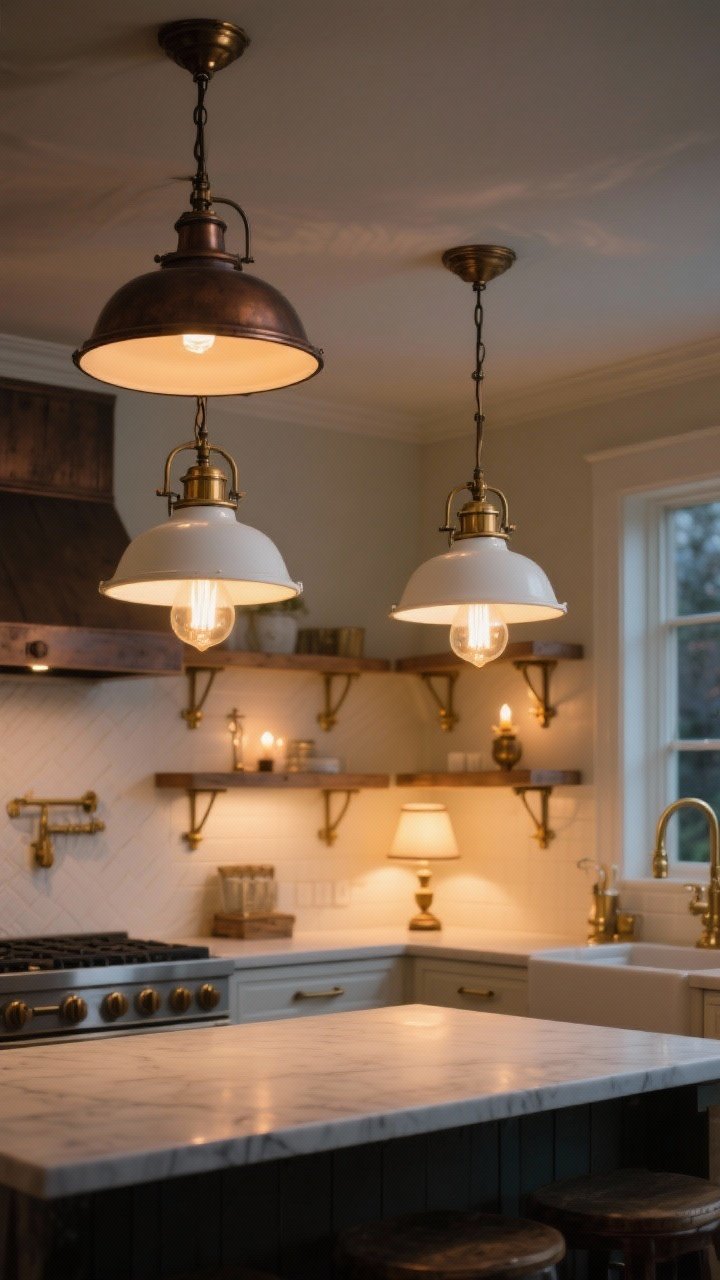 Photorealistic wide shot of a kitchen lit with classic, old-world fixtures: two white schoolhouse pendants over an island for task lighting, small brass sconces above open shelves for mood, and an oil-rubbed bronze semi-flush mount for overall light; bulbs at warm 2700K creating a candlelit glow; aged finishes on fixtures (antiqued brass, oil-rubbed bronze) visible; include a small countertop lamp in the corner for extra coziness; evening ambiance with layered lighting clearly differentiated.