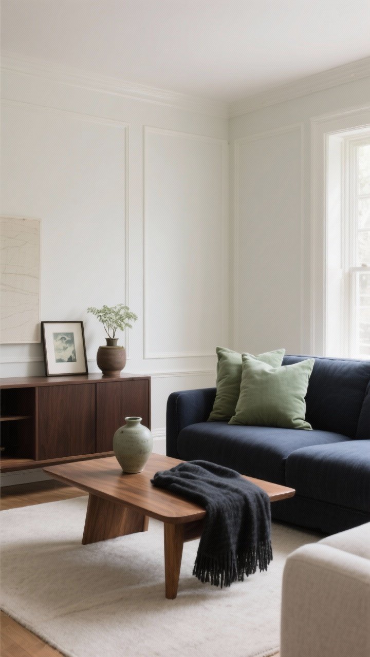 Photorealistic wide shot of a living room showcasing a calm color story: walls and trim painted the same warm white/greige for a cocoon effect, base of warm white balanced with soft sage accents (pillows, ceramic vase) and a dark anchor in charcoal/inky navy (sofa or media cabinet); warm wood coffee table paired with cool-toned textiles to balance temperatures; repeated colors appearing at least three times—sage in pillow, art print, and small planter; espresso picture frame and charcoal throw add depth; soft indirect daylight, straight-on composition emphasizing harmonious palette and depth without feeling beige or dull