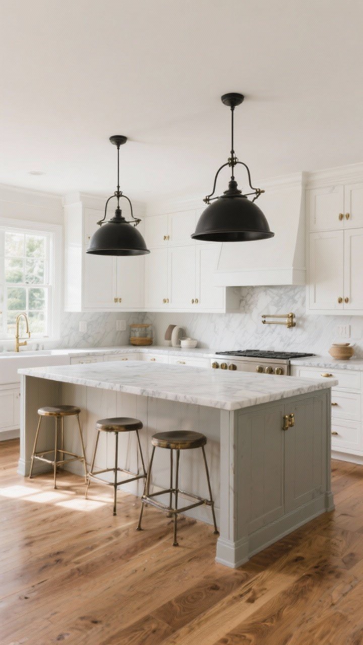 Photorealistic wide shot of a modern farmhouse kitchen with white shaker cabinets, warm wood floors, and two oversized matte black iron pendant lights anchored over a marble island; pendants hung 30–34 inches above the countertop with 24–30 inches spacing, dramatic sculptural silhouettes contrasting the airy neutral palette; soft afternoon natural light streaming in; mixed metals subtly present with antique brass or brushed nickel cabinet hardware; clean, magazine-worthy styling, no people.