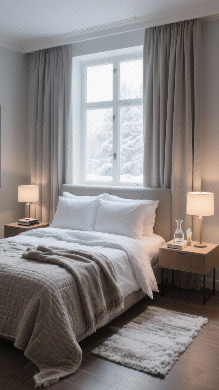 Photorealistic wide shot of a serene winter bedroom styled like a boutique hotel: flannel or brushed cotton sheets on the bed, layered with a quilt, a lofty duvet, and a folded throw at the foot; edited nightstands holding only a small lamp, a single book, hand cream, a carafe and glass of water, and one personal object; blackout curtains framing the window; small rugs on both sides of the bed to combat cold floors. Muted palette, soft warm bedside lamp lighting, clutter-free calm.