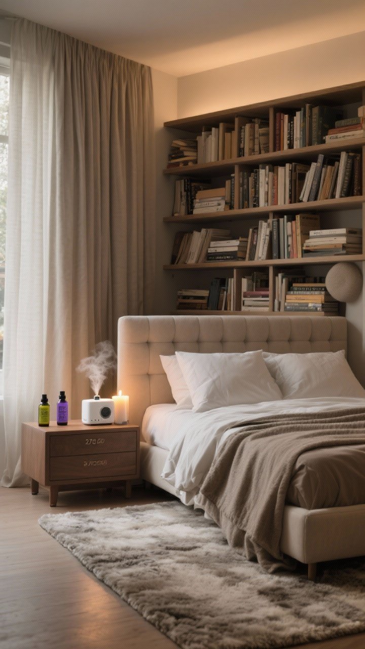 Photorealistic wide shot of a sound- and scent-optimized bedroom: floor-to-ceiling linen curtains, a plush area rug under the bed, upholstered headboard, and a stuffed bookshelf along one wall with imperfectly stacked books to absorb sound; a small diffuser emitting a subtle mist on the nightstand with labeled essential oils (lavender, cedarwood, bergamot), and a softly glowing candle in the background; textiles layered to reduce echo; gentle warm lighting around 2700K, white noise machine discreetly on a dresser; straight-on view capturing the multisensory calm without overpowering scent cues