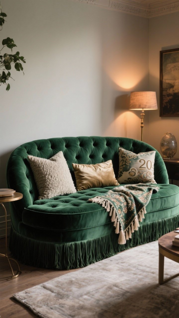Photorealistic wide shot of a statement sofa as the star: a rounded, tufted velvet sofa in deep emerald with fringe detail, layered with three pillow sizes (24", 20", lumbar) in bouclé, silk, and embroidered textiles, plus a tassel-trim blanket; set in a boutique-feeling living room with light walls, moody warm lamp light, and deeper seat depth for loungey vibes; keep the scene focused on the sofa with minimal surrounding decor