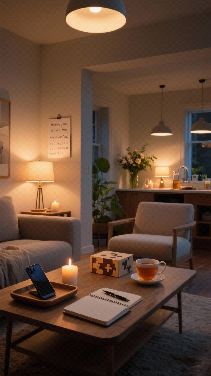 Photorealistic wide shot of an evening living space arranged for scheduled cozy habits: lamps on and candles lit with overhead lights off; a phone placed on a small tray to signal wind-down; a journal and pen, a simple puzzle box on the coffee table, and a cup of tea. Subtle reminders like a wall calendar or small note card listing morning light time, afternoon walk/tea, and weekly reset hour; fresh greens or flowers recently refreshed at the drink station in the background. Warm, inviting lighting, uncluttered, routine-ready, no people.