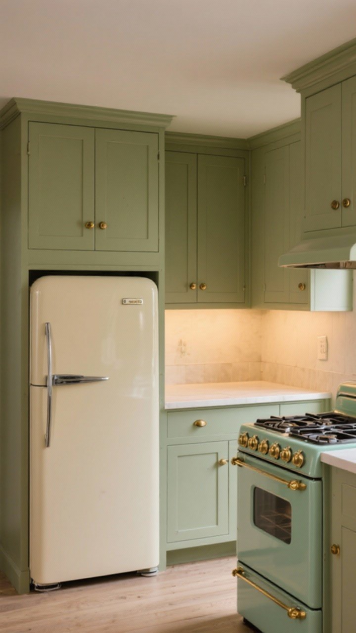 Photorealistic wide shot of appliances integrated into a vintage kitchen: a panel-ready refrigerator blending with sage cabinetry, a quiet neutral enamel range with brass knobs, and a cohesive hardware finish; alternative focal point: a cream retro-style fridge paired with a colored range while surrounding elements stay simple and grounded; warm ambient lighting; straight-on view showing harmonious balance with cabinet color and hardware