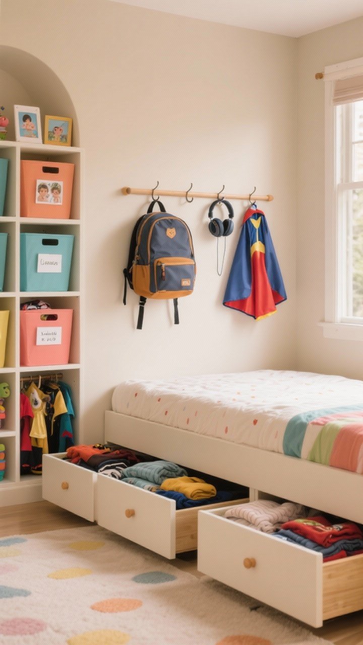 Photorealistic wide shot of kid-friendly storage that looks cute and works: under-bed drawers partially open with neatly folded off-season clothes and costumes, a cubby shelf with labeled picture bins at kid height, and wall hooks/rails holding a backpack, dress-up cape, and headphones within reach. Warm neutral tones with pops of color on bins. Clean, organized look with soft daylight. Straight-on view for clarity.
