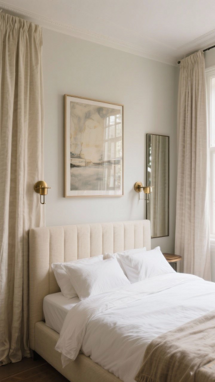 Photorealistic wide shot showcasing scale and symmetry: a small bedroom with a tall upholstered headboard in creamy linen, large-scale art centered above, floor-to-ceiling curtains hung high and wide to elongate the window, and matching sconces flanking the bed for calm symmetry; include a full-length mirror positioned to bounce light across the room; materials: linen headboard, brushed brass sconces, heavy linen-look drapery; balanced composition, straight-on view for formal symmetry; soft natural daylight
