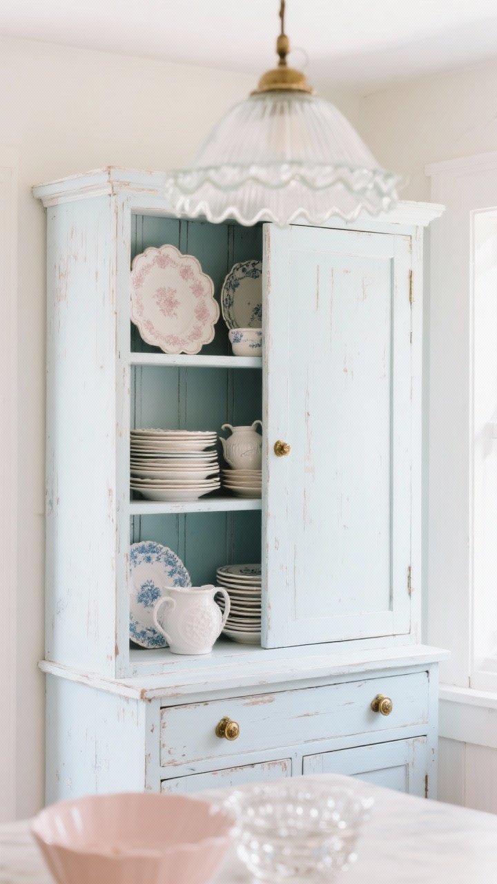 Shabby chic kitchen vignette, detail closeup: whitewashed freestanding cabinet painted in powdered blue with light distressing (one hero piece), antique brass knobs, shelf styled with stacked ironstone and scalloped plates, milk-glass pendant with a scalloped shade overhead, soft whites and blush accents, porcelain and crystal sparkle catching gentle daylight, airy and clean, photorealistic.
