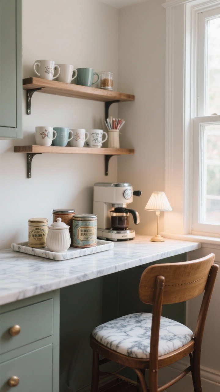 Small breakfast nook medium shot: a marble tray corralling a ceramic sugar bowl, vintage tins, and stacked mugs beside a compact coffee setup; a two-tier wall shelf above holding mugs and sweeteners; a single bistro chair with a cushioned seat by a window; a petite lamp on the counter casting a soft early-morning glow, serene mood.