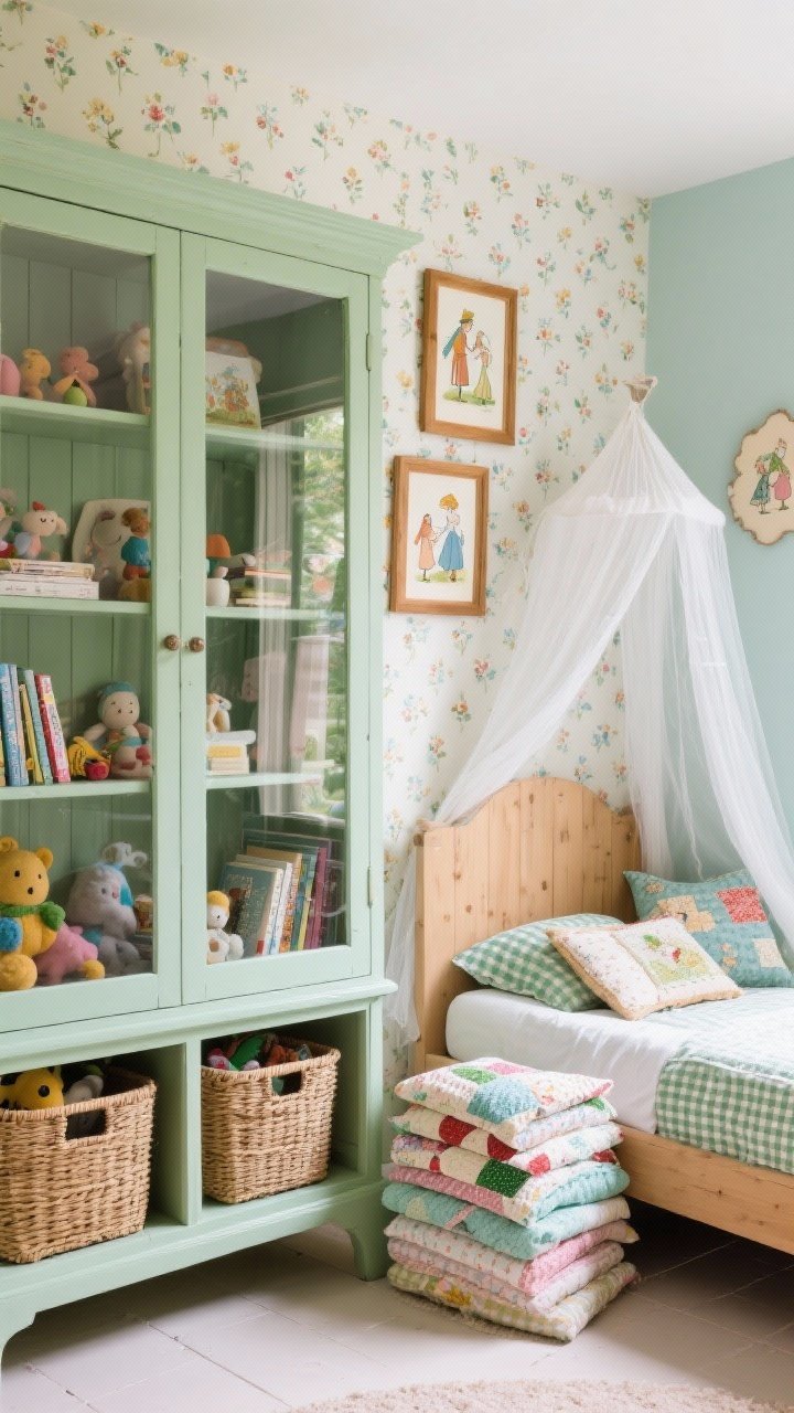Storybook kids’ room, cheerful medium shot: glass-front cabinet painted sage, lined with wicker baskets of toys and books; simple wooden bed with gingham bedding and a stack of handmade quilts; one accent wall with tiny floral wallpaper; vintage storybook illustrations in wooden frames; a tulle canopy over a small reading corner with floor cushions; whimsical yet timeless, soft daylight.