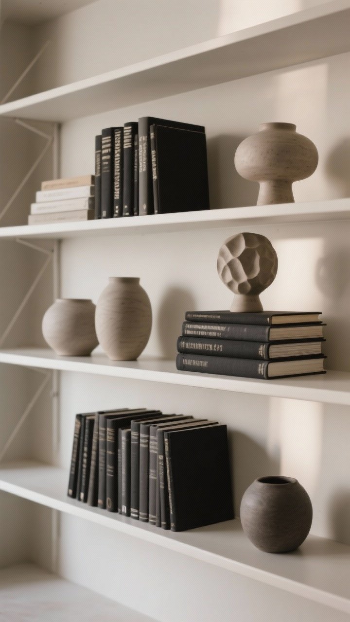 Straight-on detail shot of styled shelves with negative space: groups arranged by material/tone—unglazed ceramics together, dark books together—horizontal stacks of books with one sculptural object on top; clear 20–30% empty shelf space for airiness; visual triangles formed by object placement; matte, neutral backdrop with soft side lighting to create gentle shadows and calm