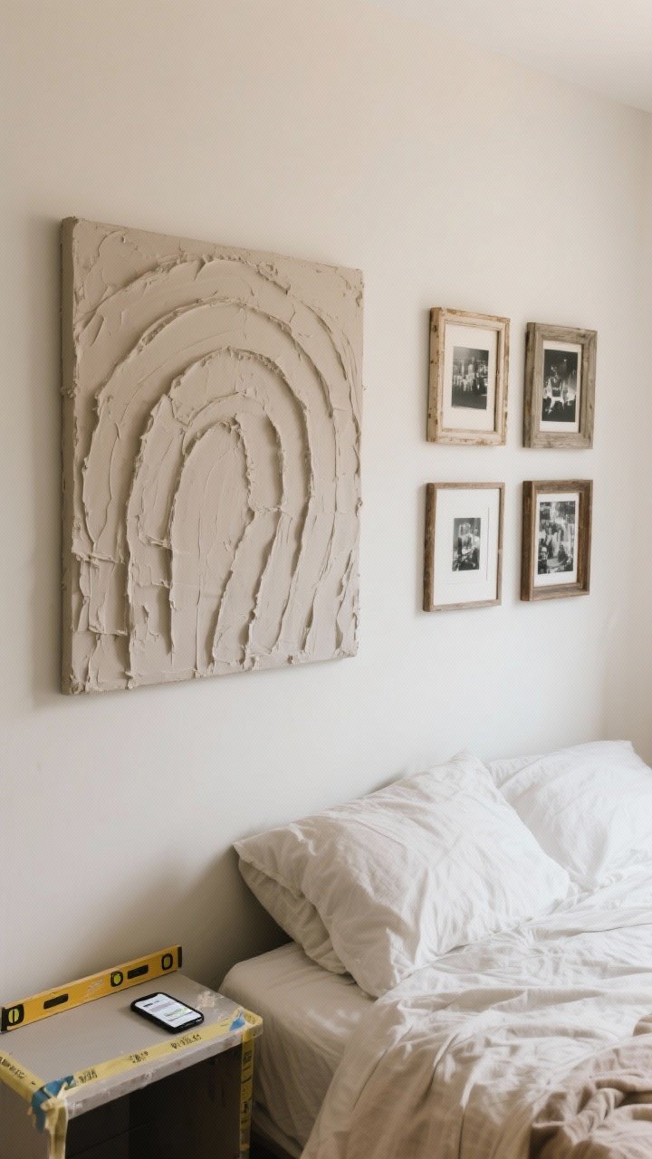 Straight-on gallery wall medium shot over a bed showcasing budget DIY art: a large monochrome textured plaster canvas (joint compound sculpted in arcs, painted one color like warm greige), a fabric-wrapped piece (linen stretched over foam board in a thrifted frame), and a 3x3 grid of black-and-white photos in mismatched thrifted frames aligned with perfect spacing. Include painter’s tape and a smartphone with a level app on the nightstand to hint at the setup. Soft natural light, neutral wall, minimal styling.