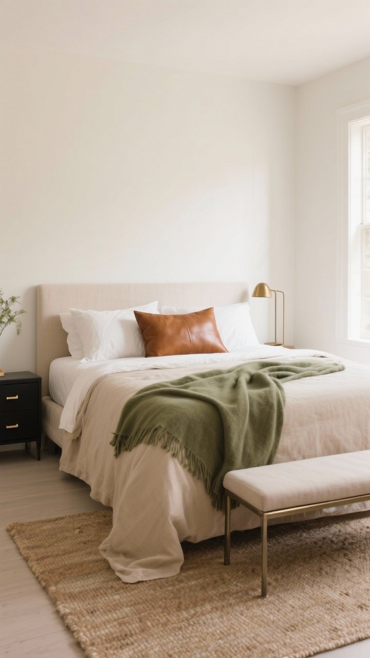 Straight-on medium shot: A calm, nature-inspired palette showcased across the bedroom. Walls painted warm white with a hint of beige; bedding and rug in oat and mushroom tones; a caramel leather accent pillow on the bed; a sage throw draped over a bench at the foot. Metal accents are minimal: a slim brushed brass lamp and matte black drawer pulls for gentle contrast. The palette is tight—two main neutrals (oat and warm white) plus one accent (sage), delivering a breathable, cohesive mood under soft natural daylight.