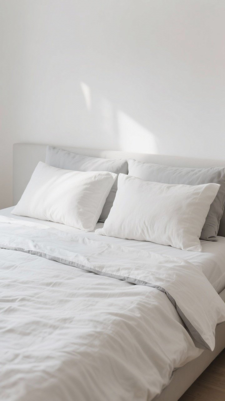 Straight-on medium shot: A fuss-free, luxurious Scandi bed setup—two euro shams and two sleeping pillows only, dressed in off-white linen duvet with breathable insert; pale grey percale sheets peeking at the cuff; calm, balanced composition with no excess pillows; soft morning light, serene mood, photorealistic.
