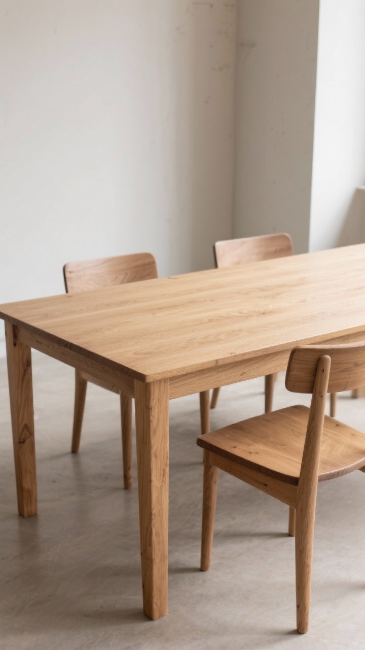 Straight-on medium shot: A Parsons-style dining table executed in solid oak with a light natural finish and a