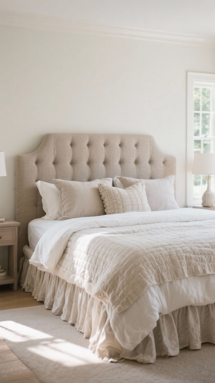 Straight-on medium shot: A sanctuary bed as the focal point with a tufted linen headboard in warm greige, two pillows per side plus a single decorative cushion, a light quilt layered under a lofty duvet for adjustable coziness, and a softly ruffled bed skirt for cottage swoosh; sunlight filtering in, crisp and inviting.