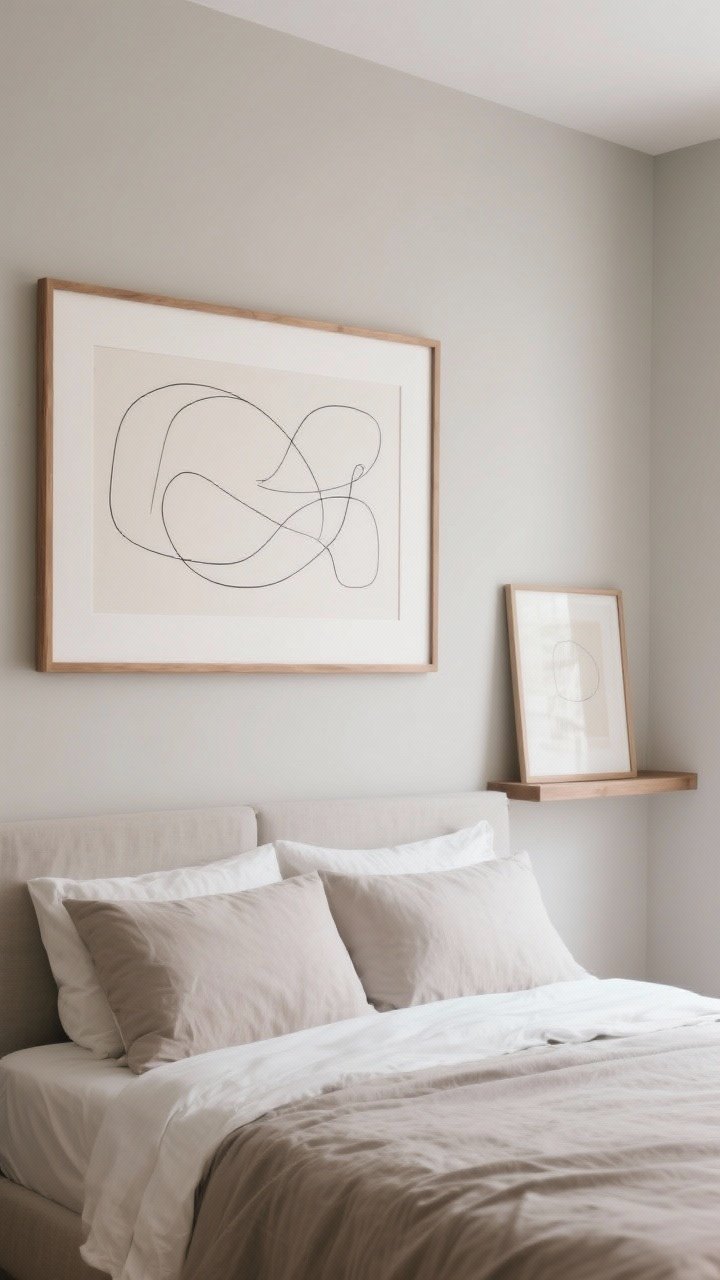 Straight-on medium shot: Calm, graphic art above a bed—one large framed abstract line drawing with a wide mat in a natural wood frame, cohesive neutral palette; alternative second piece leaning on a shelf for a relaxed look; muted bedding and greige wall keep focus subtle; soft daylight, minimal and serene, photorealistic.