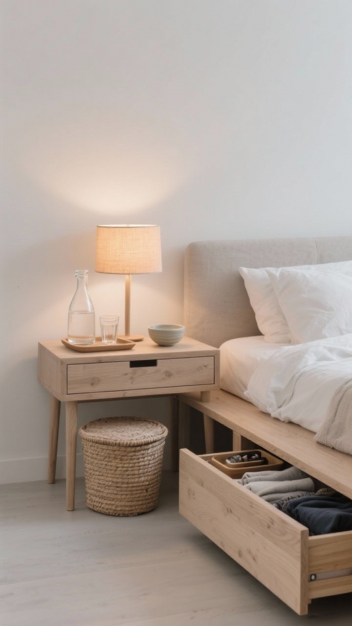 Straight-on medium shot: Minimal, clutter-free Scandinavian bedroom vignette. A simple nightstand holds just a warm-shaded lamp, a glass carafe with tumbler, a small catchall dish, and one meaningful object (a small ceramic bowl). Nearby, a lidded basket for linens sits under a bench; an underbed drawer is slightly open showing neatly folded off-season items; a tray corrals daily essentials on a dresser. Plenty of negative space on surfaces, clean lines, light oak tones, soft ambient lighting, photorealistic.