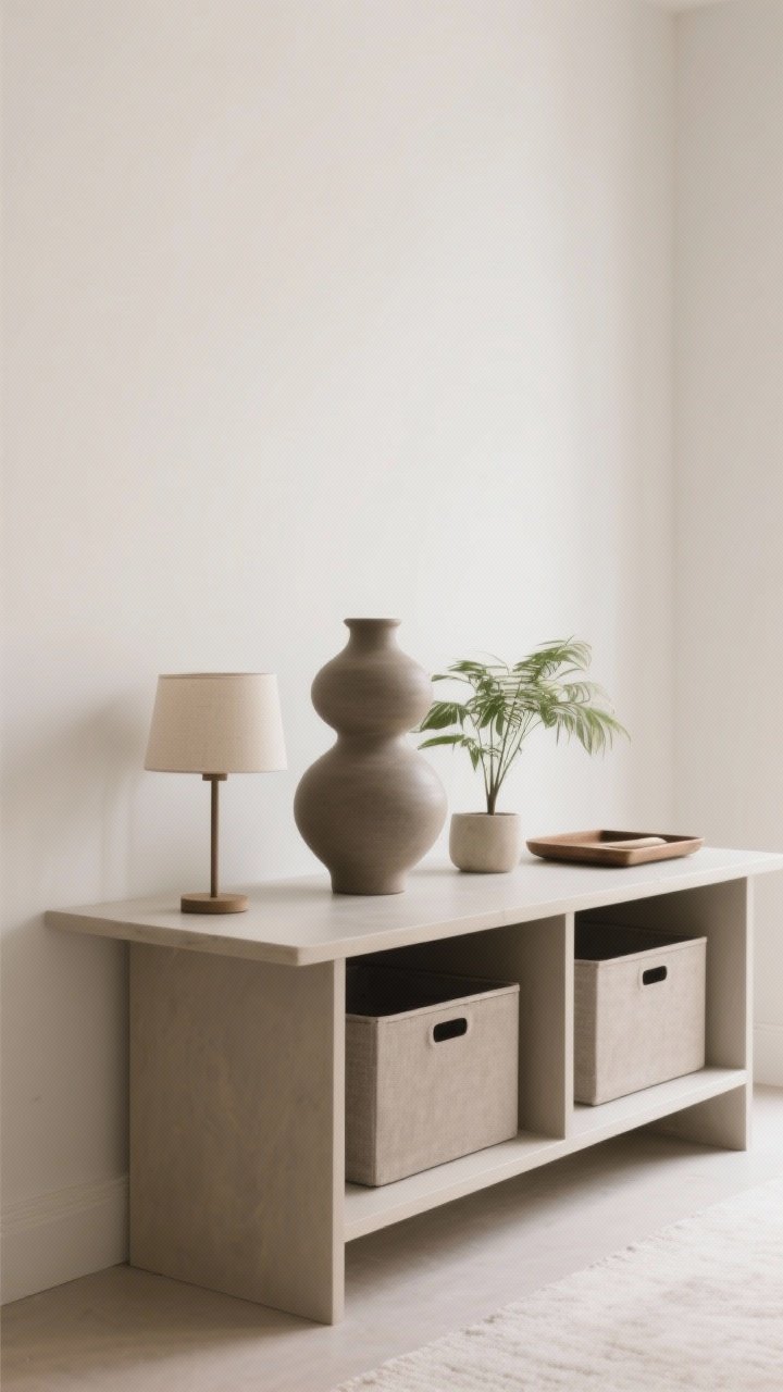 Straight-on medium shot of a console and shelf: Minimal, intentional styling with “less but better”—one sculptural hero object (handmade matte ceramic vase) centered; surfaces limited to 1–3 items: a small table lamp, a single plant, and a tray; closed bins on lower shelf for hidden storage; curated grouping by tone/material for visual calm; neutral palette, warm white walls, photorealistic.