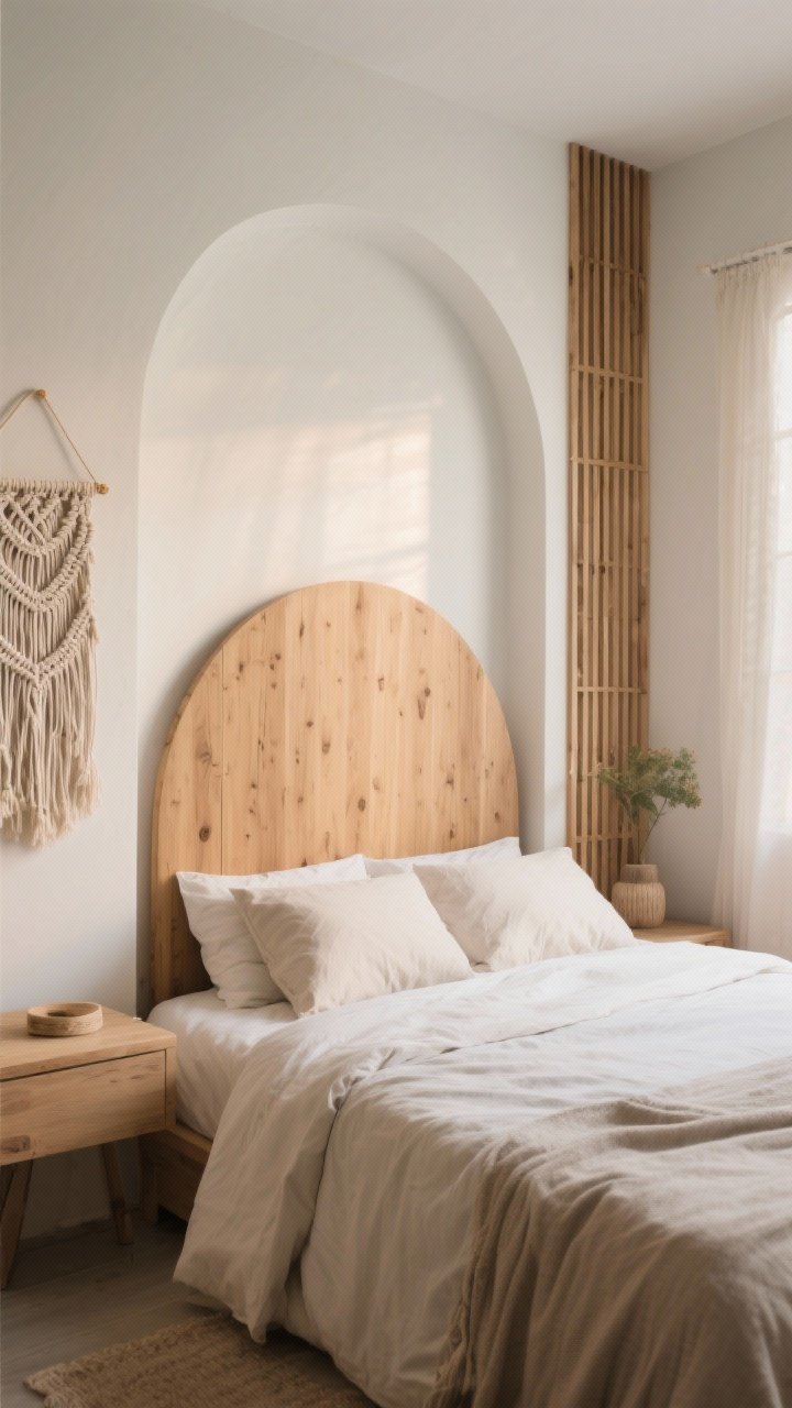 Straight-on medium shot of a cozy bed nook with a statement headboard: arched wood headboard as focal point, simple neutral bedding to let the headboard shine; alternatives included in scene styling cues such as a macrame tapestry nearby and a painted soft arch motif behind the bed wall; optional vertical wood slat panel detail for a Japandi-meets-boho vibe; soft morning light; photorealistic.