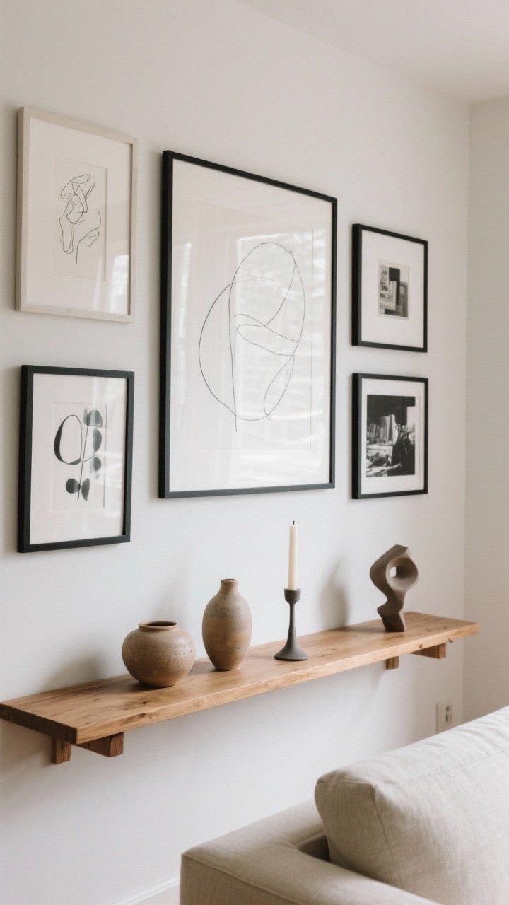 Straight-on medium shot of a curated art wall and objects: a calm gallery wall with slim black frames in mixed sizes holding minimal line drawings, abstract prints, and black-and-white photography within a tight palette; below, a wood shelf with three hand-thrown ceramic pieces and a sculptural candle grouped at varied heights; a single large-scale hero print above a light sofa anchors the scene; ample breathing room on walls; soft, indirect daylight.
