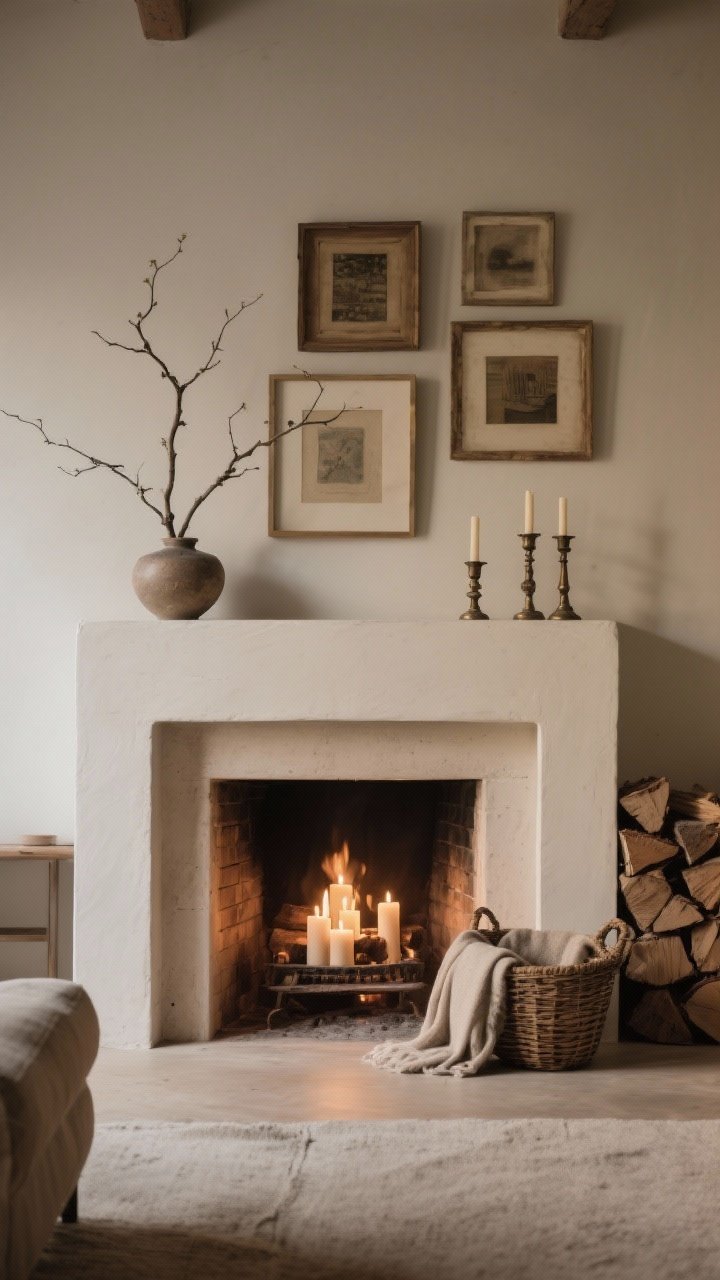 Straight-on medium shot of a fireplace as the heart: a simple mantel with asymmetrical art and layered frames, a single branch in a vessel, a few vintage candlesticks; stacked wood to one side for texture, a candle cluster inside the firebox for glow, and a low basket with throws softening the hearth; pared-back styling, warm dim light.
