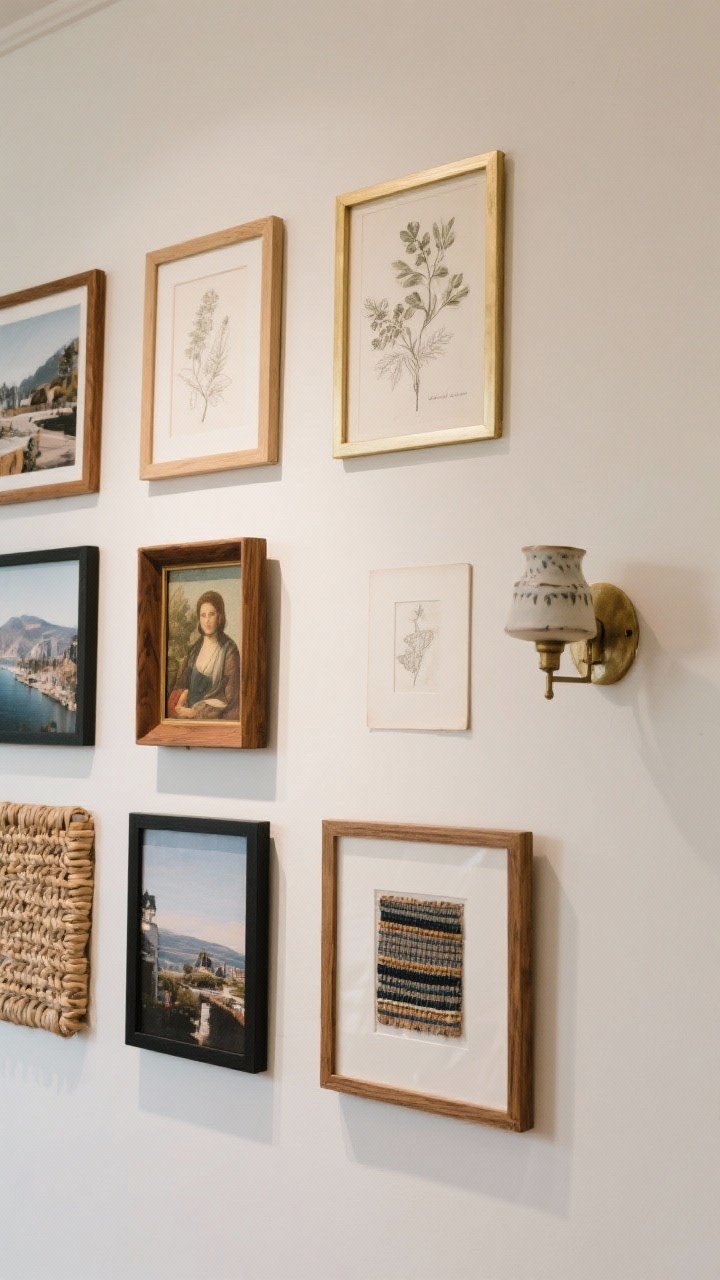 Straight-on medium shot of a gallery wall: a curated mix of travel photography, botanical sketches, a small vintage oil painting, and a framed textile fragment; frames in wood, brass, and matte black with 2–3 inches spacing; a woven wall piece and a ceramic sconce breaking up the rectangles; soft, even ambient light.