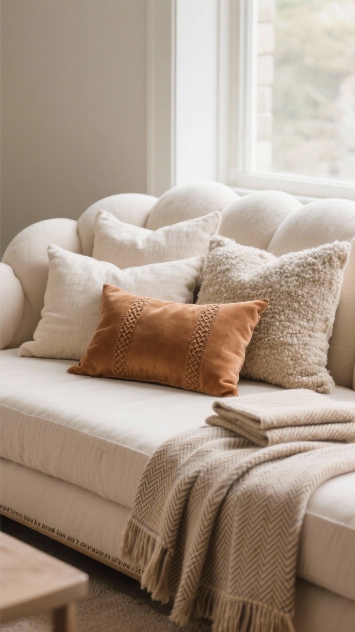 Straight-on medium shot of a nap-ready sofa styled like a cozy cloud: back row of 3 large pillows (22–24”) in linen, chenille, and bouclé; front row with 2 medium pillows (18–20”) in contrasting texture; one lumbar accent pillow in caramel leather or soft mushroom velvet with subtle woven pattern; two throws—one neatly folded, one casually draped; patterns kept low-contrast (fine herringbone, tiny checks, tone-on-tone stripes), warm neutral palette, soft window light, photorealistic, no people.