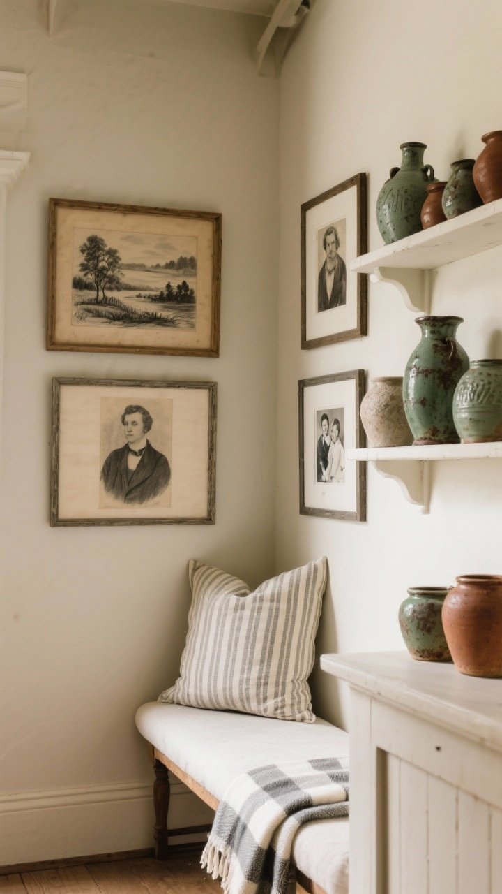 Straight-on medium shot of a personalized farmhouse gallery nook: a small salon wall with muted landscapes, a charcoal sketch, a vintage portrait, and a few framed family photos, all in understated frames; subtle patterns via ticking stripe lumbar pillow on a bench and a petite check throw folded over the arm; a curated group of ironstone and pottery on a nearby shelf (displayed in one cluster, not scattered); neutral palette with tiny pops of sage and rust; warm ambient light for a soothing feel.