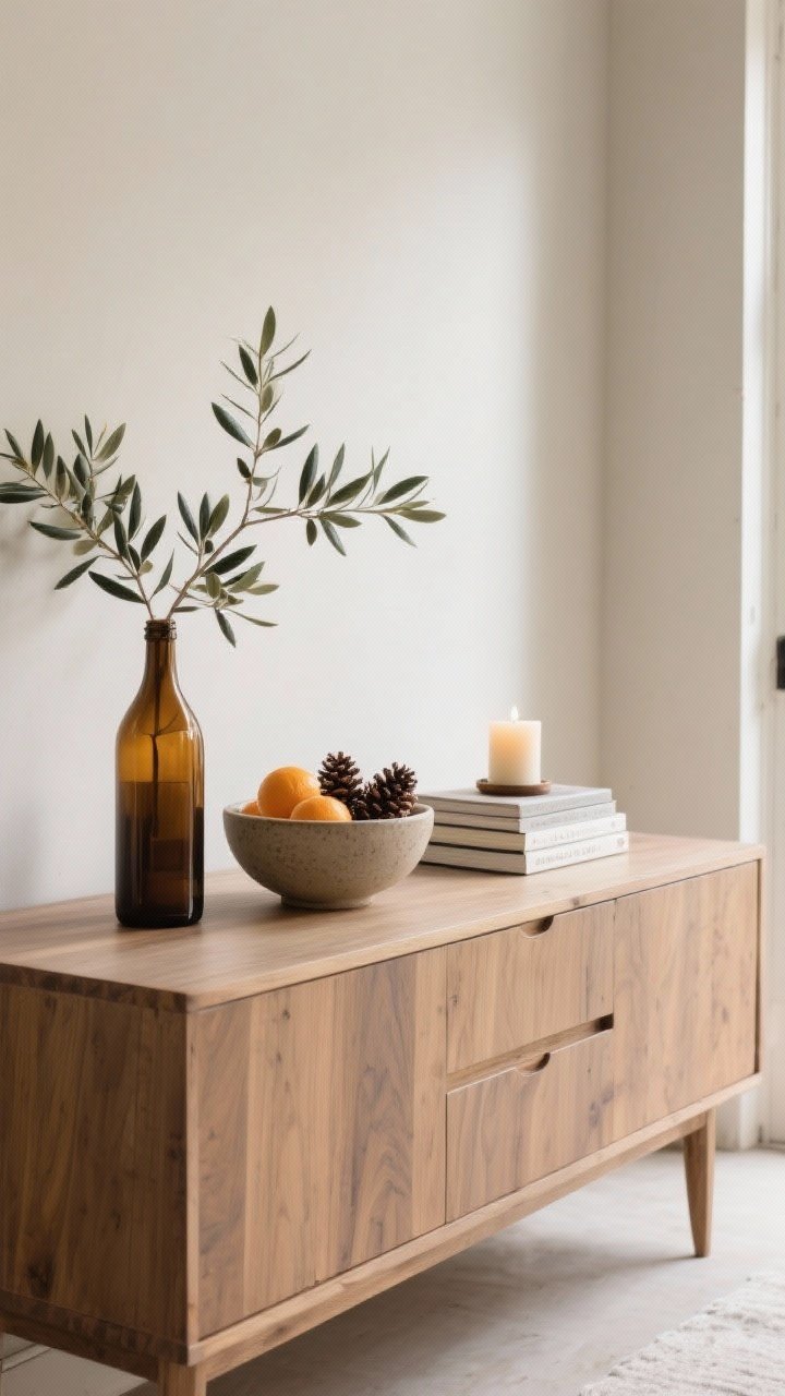 Straight-on medium shot of a seasonal console vignette: an entry sideboard styled with olive branches in an amber bottle, a stoneware bowl holding citrus and pinecones, one candle, and a single stack of books for height; plenty of negative space so each object breathes; natural textures, muted neutral tones with warm wood, soft afternoon light.