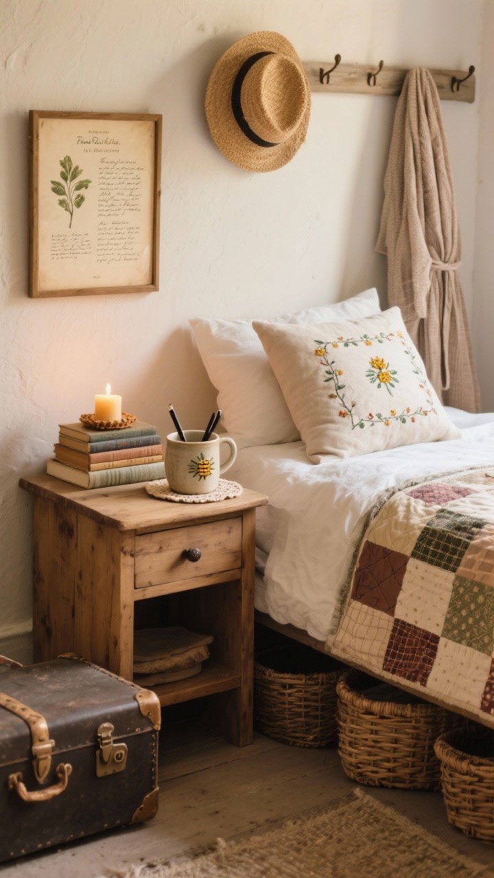 Straight-on medium shot of a soulful bedside setup: a small wood nightstand styled with a ceramic mug repurposed as a pen holder, a linen coaster under a beeswax candle, and a short stack of well-loved books; a hand-embroidered pillow on the bed, a patchwork quilt folded at the foot, woven baskets for storage under the bed, a vintage trunk at the foot, wall pegs holding a straw hat and robe; framed botanical page paired with a hand-written family recipe on the wall; warm, cozy light, perfectly imperfect cottage core mood, photorealistic.